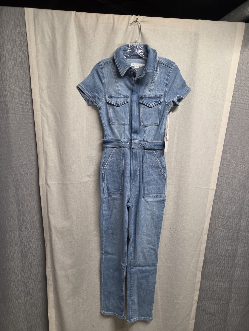 🔥NWT Good American-Light Blue Denim Jumpsuit Jeans-Short Sleeve Utility Style